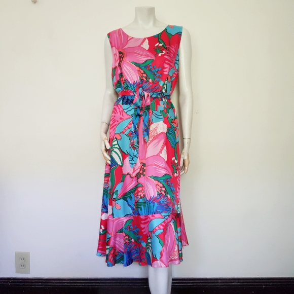 🎉HP🎉 Talbots Tropical Floral Fit Flare Pink Dress 14 - Picture 2 of 9